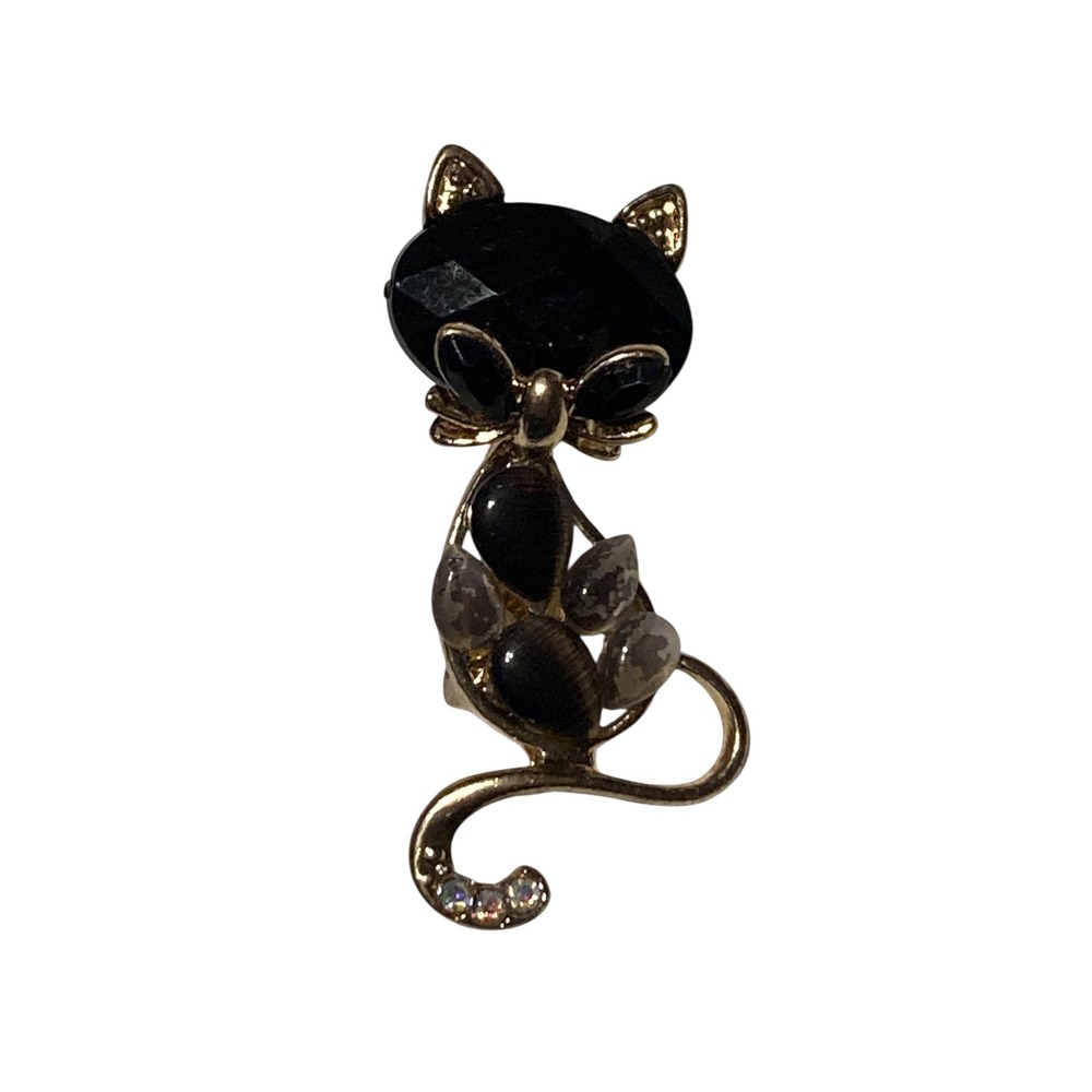 Vintage Style Gold Tone Black Cat Brooch Rhinestone Tail